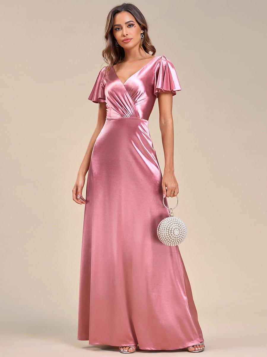 Elegant Ruffles Sleeve A-Line Satin V-Neck Evening Dress #color_Purple Orchid Elegant Ruffles Sleeve A-Line Satin V-Neck Evening Dress