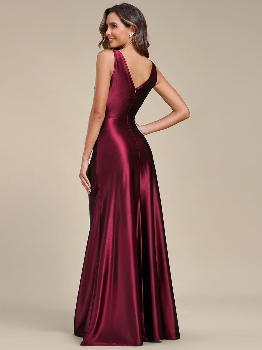Elegant V Neck Pleated High Slit Satin Evening Dress #color_Burgundy