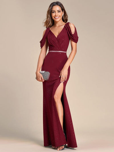 Cold Shoulder Glitter Backless Evening Dress with Shiny Belt #color_Burgundy
