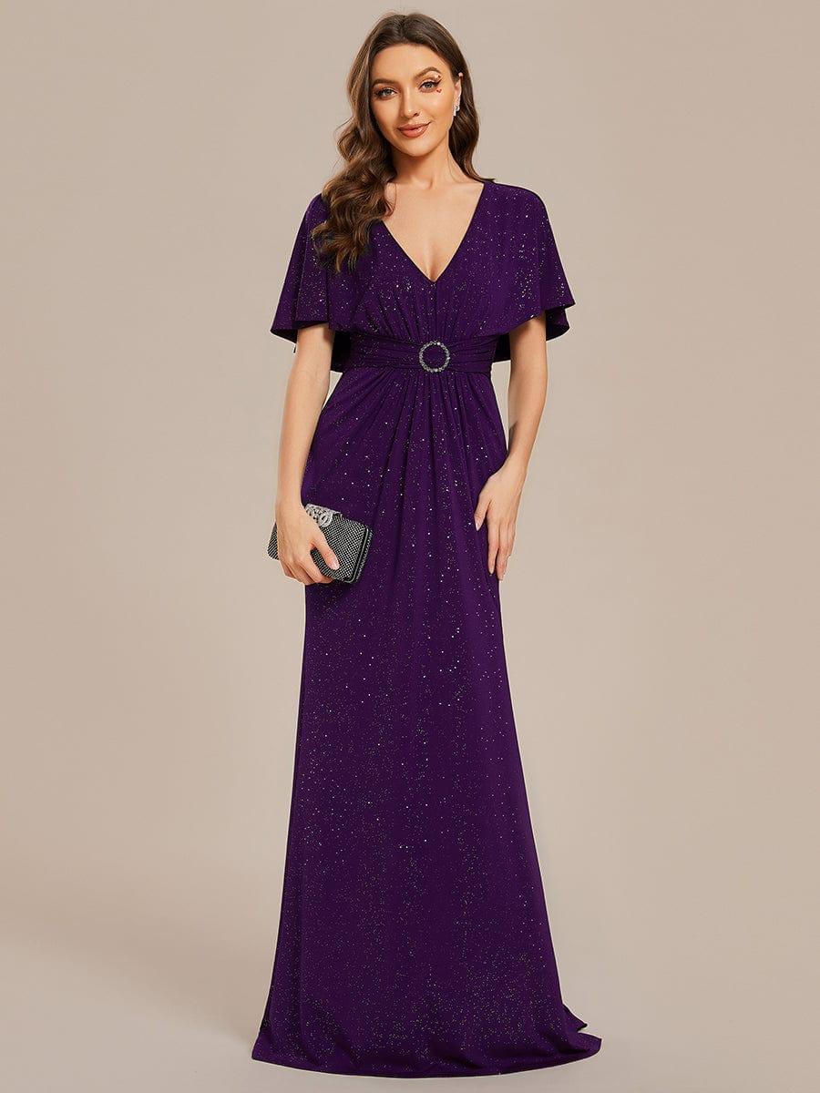 Sparkling V-Neck Bodycon Evening Dress with Pleats and Waist Cinching #color_Dark Purple