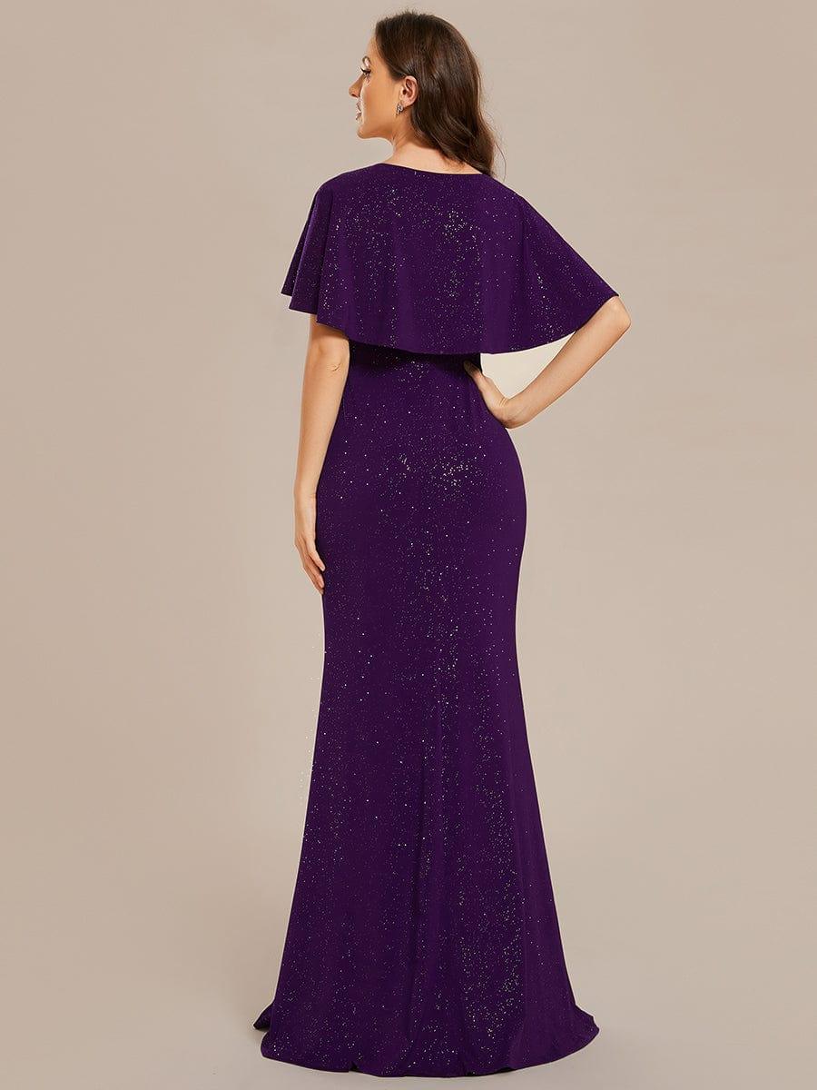 Sparkling V-Neck Bodycon Evening Dress with Pleats and Waist Cinching #color_Dark Purple