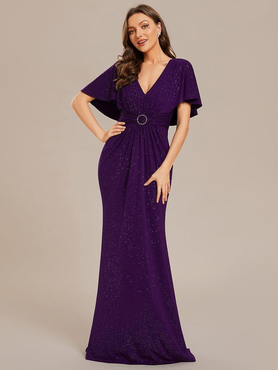 Sparkling V-Neck Bodycon Evening Dress with Pleats and Waist Cinching #color_Dark Purple