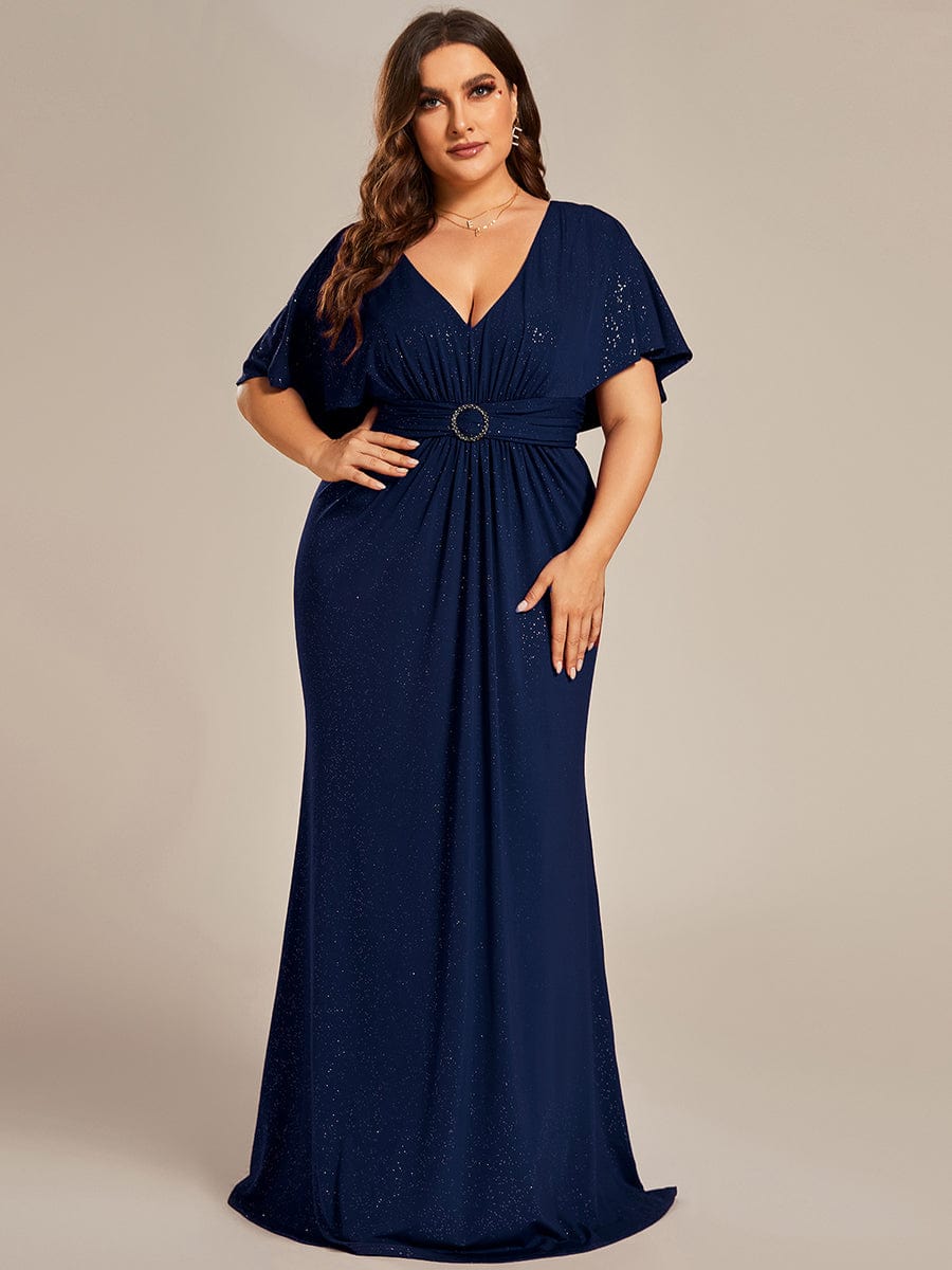 Elegant Plus Size Glitter Bat-Wing Sleeve Mermaid Evening Dress #color_Navy Blue