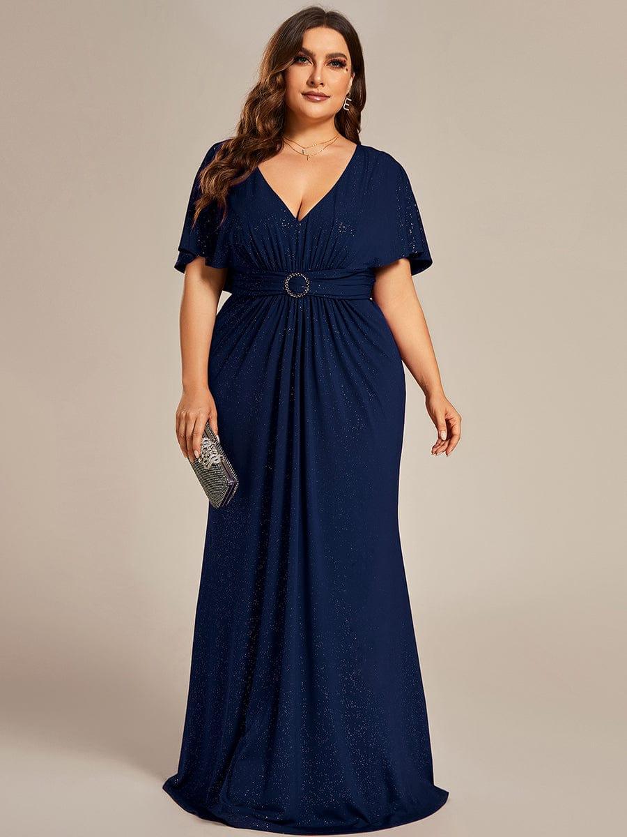 Elegant Plus Size Glitter Bat-Wing Sleeve Mermaid Evening Dress #color_Navy Blue
