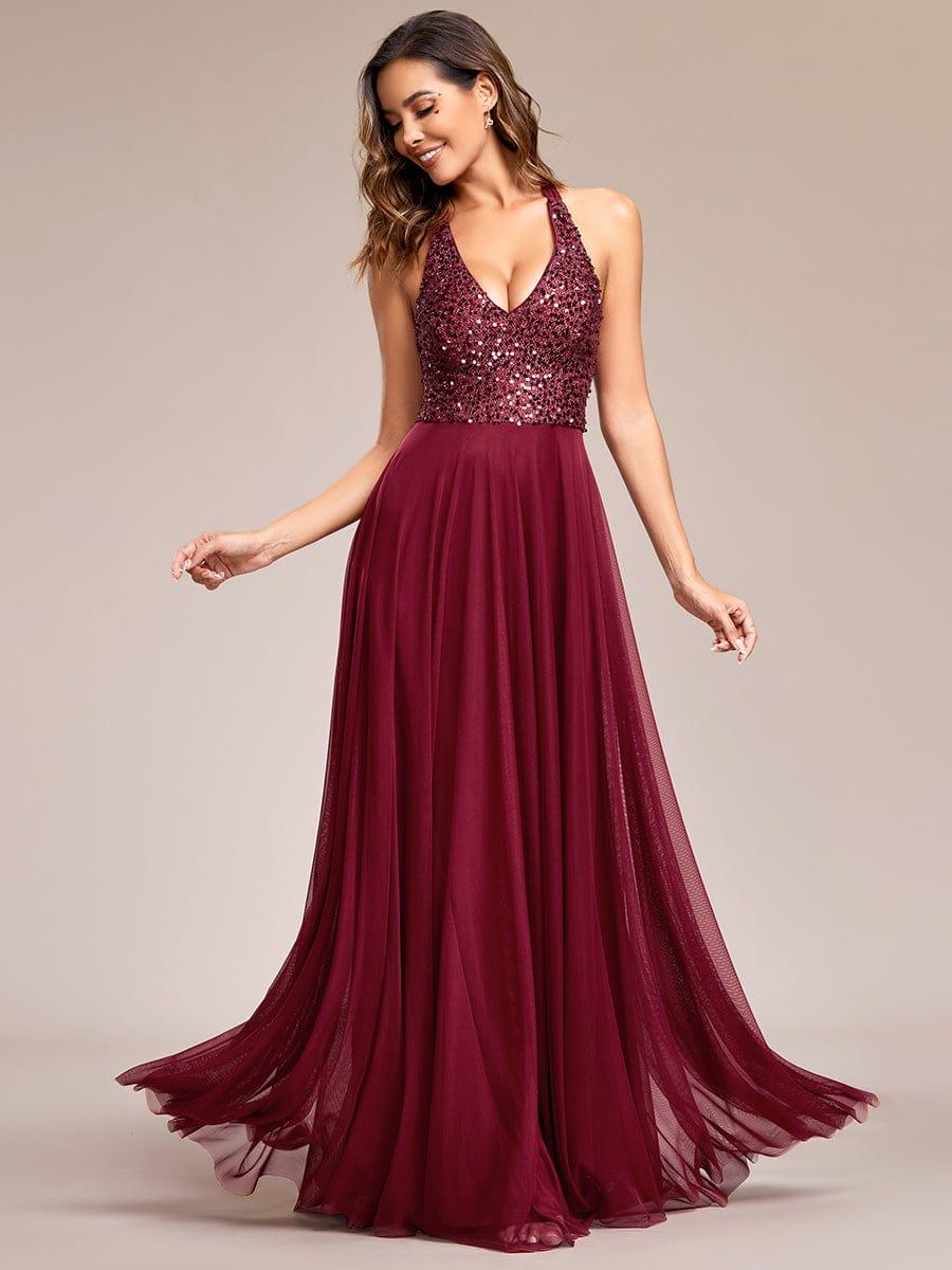 Sparkling Sequin Halter Neck A Line Tulle Evening Dress #color_Burgundy