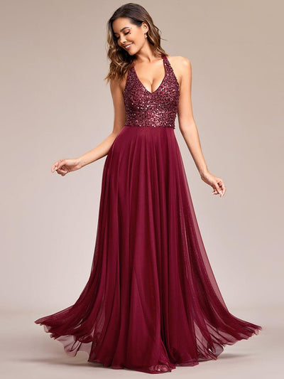 Sparkling Sequin Halter Neck A Line Tulle Evening Dress #color_Burgundy