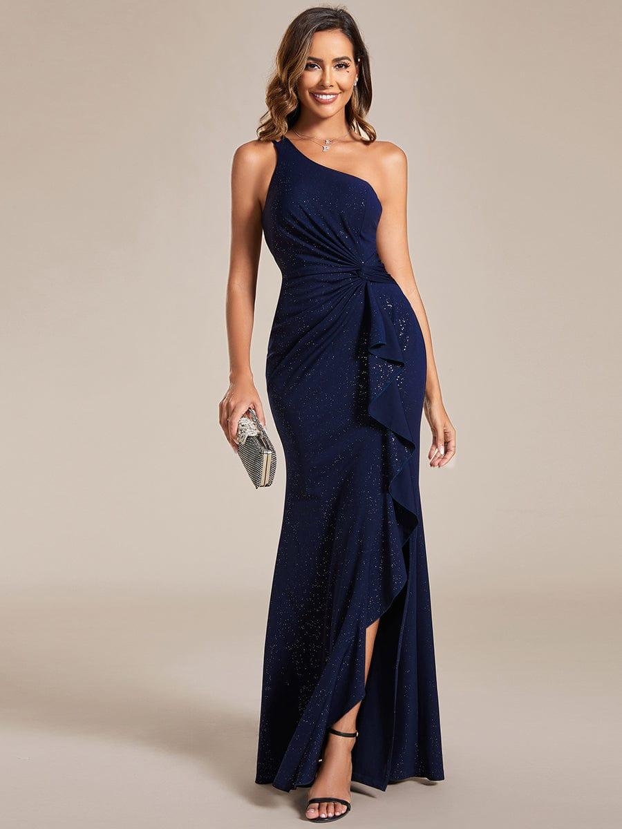 Glamorous One Shoulder Bodycon Sequin Evening Dress #color_Navy Blue Glamorous One Shoulder Bodycon Sequin Evening Dress