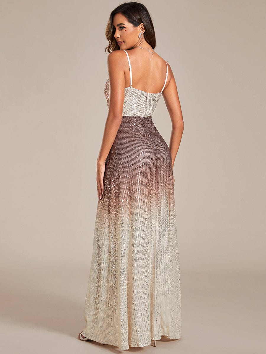 Gradient Sequin Spaghetti Strap V-Neck Long Evening Dress #color_Mushroom Gradient Sequin Spaghetti Strap V-Neck Long Evening Dress