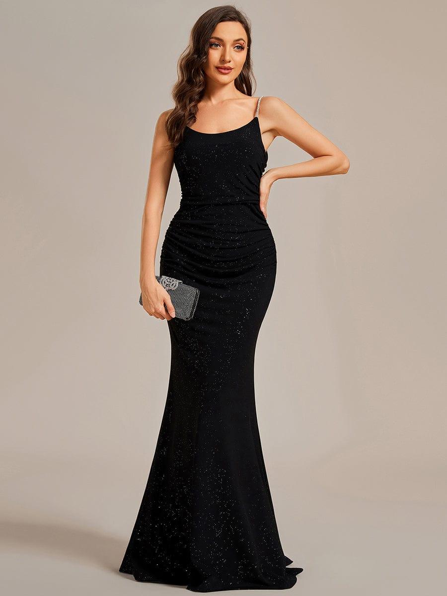 Sparkling Glitter Spaghetti Strap Open Back Bodycon Evening Dress #color_Black Sparkling Glitter Spaghetti Strap Open Back Bodycon Evening Dress