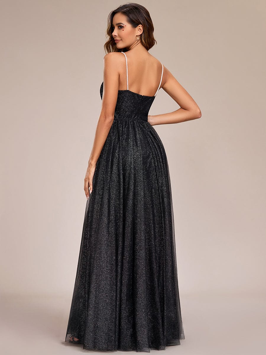 Glittering Spaghetti Straps Open Back A-Line Evening Dress #color_Black Glittering Spaghetti Straps Open Back A-Line Evening Dress