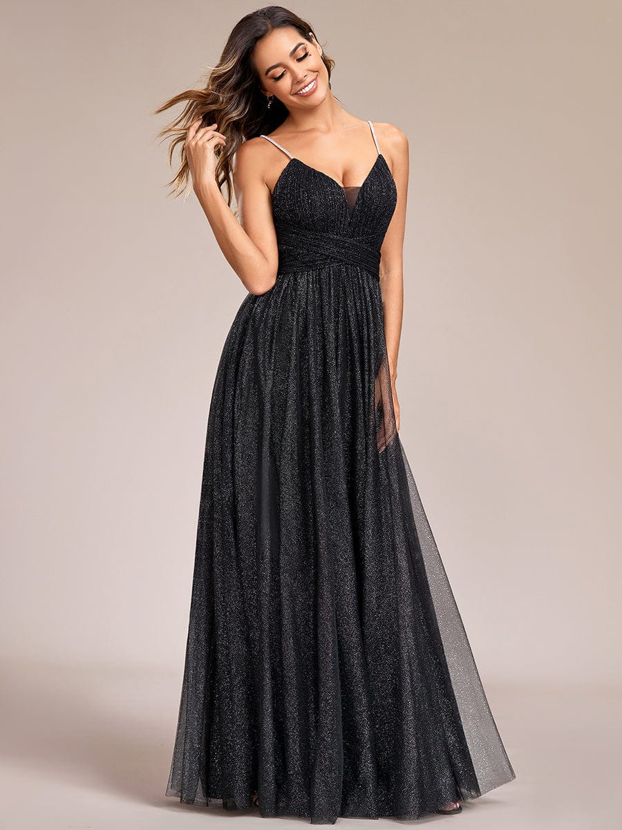Glittering Spaghetti Straps Open Back A-Line Evening Dress #color_Black Glittering Spaghetti Straps Open Back A-Line Evening Dress
