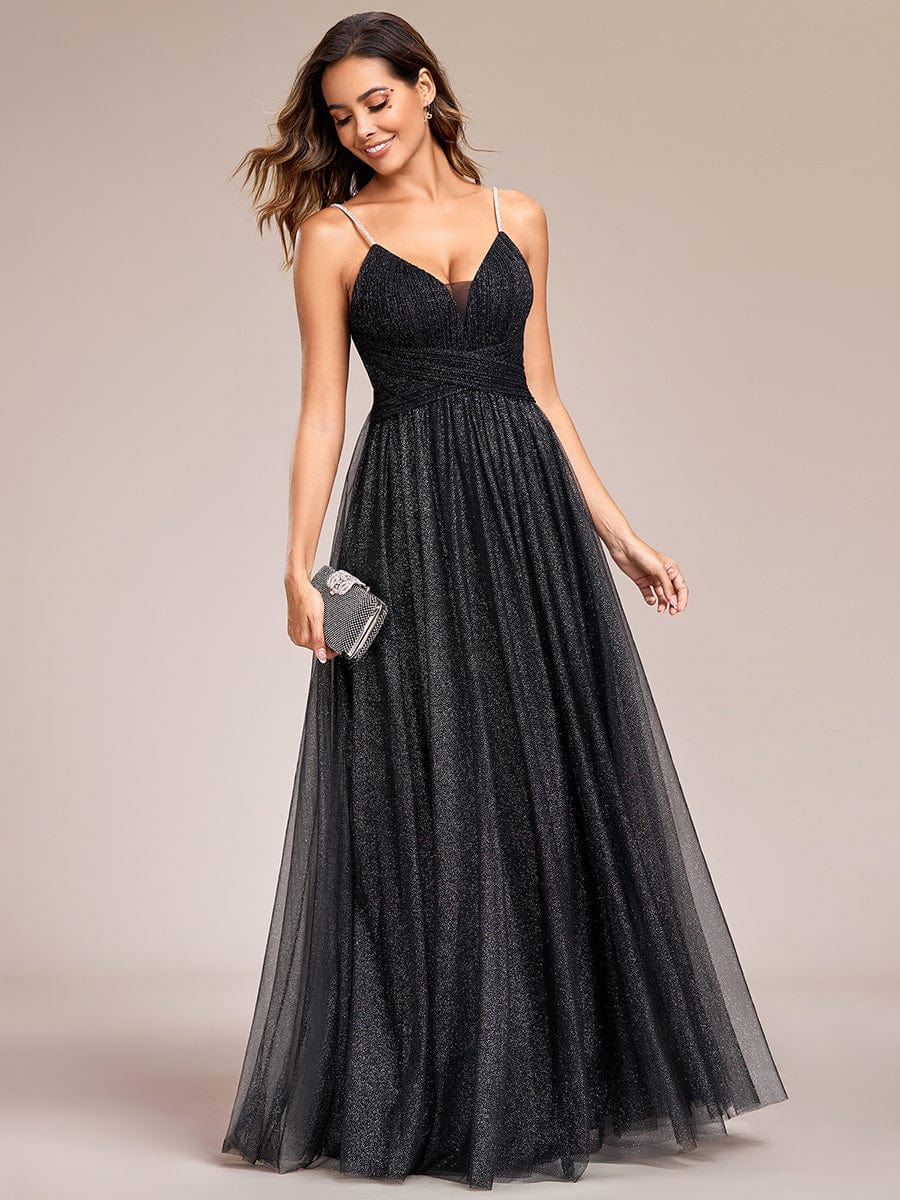 Glittering Spaghetti Straps Open Back A-Line Evening Dress #color_Black Glittering Spaghetti Straps Open Back A-Line Evening Dress