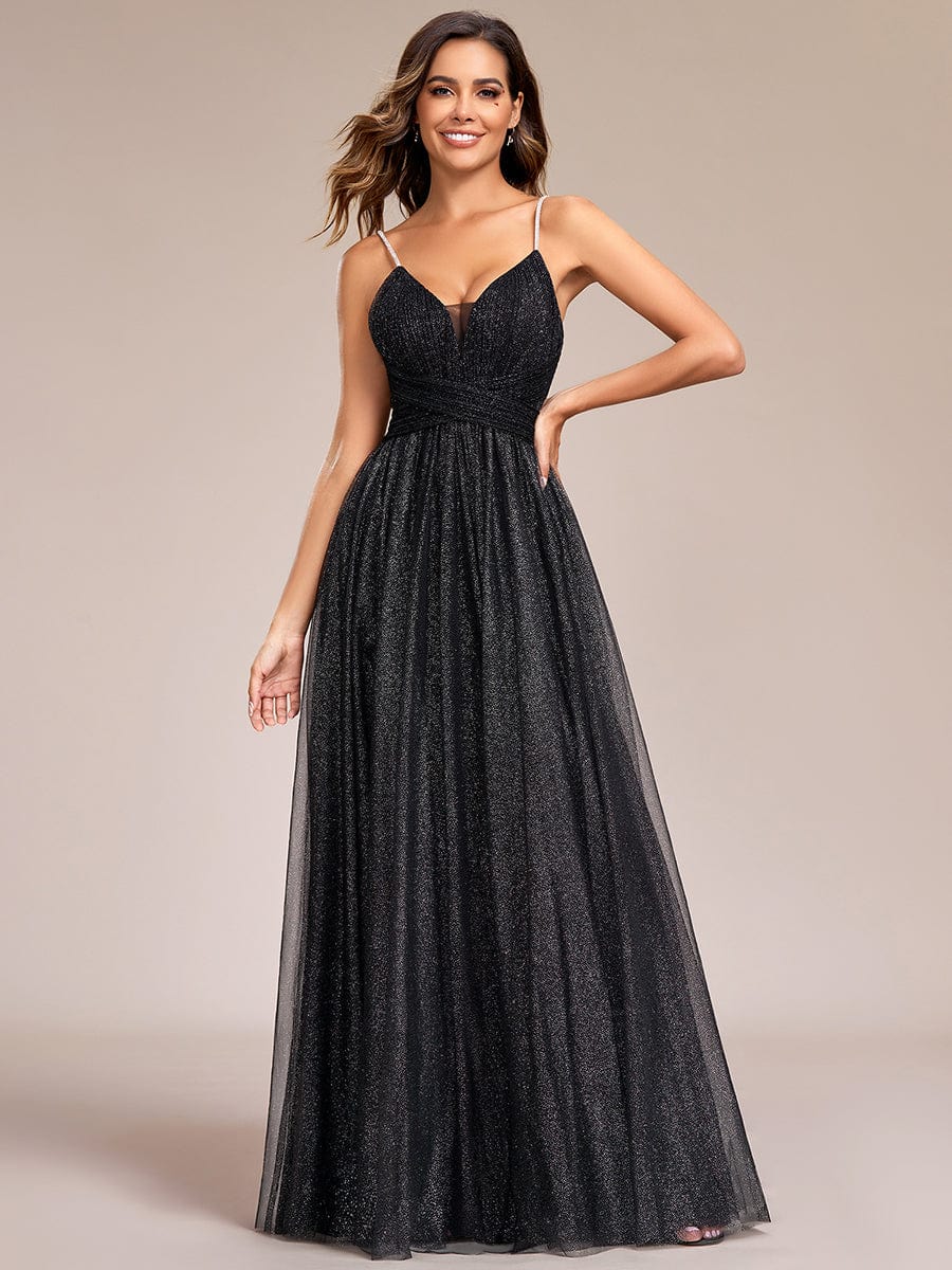 Glittering Spaghetti Straps Open Back A-Line Evening Dress #color_Black Glittering Spaghetti Straps Open Back A-Line Evening Dress