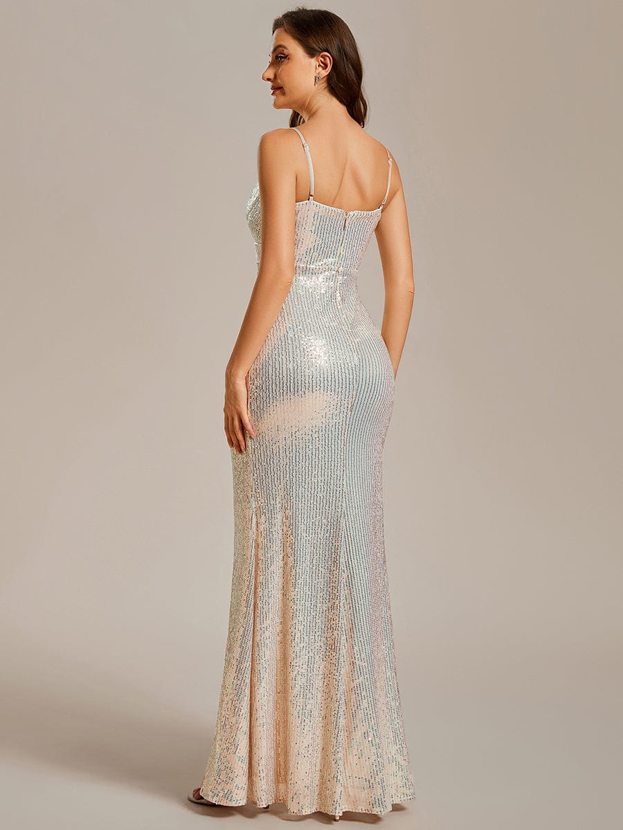Sparkling V Neck Sequin Evening Dress with Adjustable Spaghetti Straps #color_Champagne