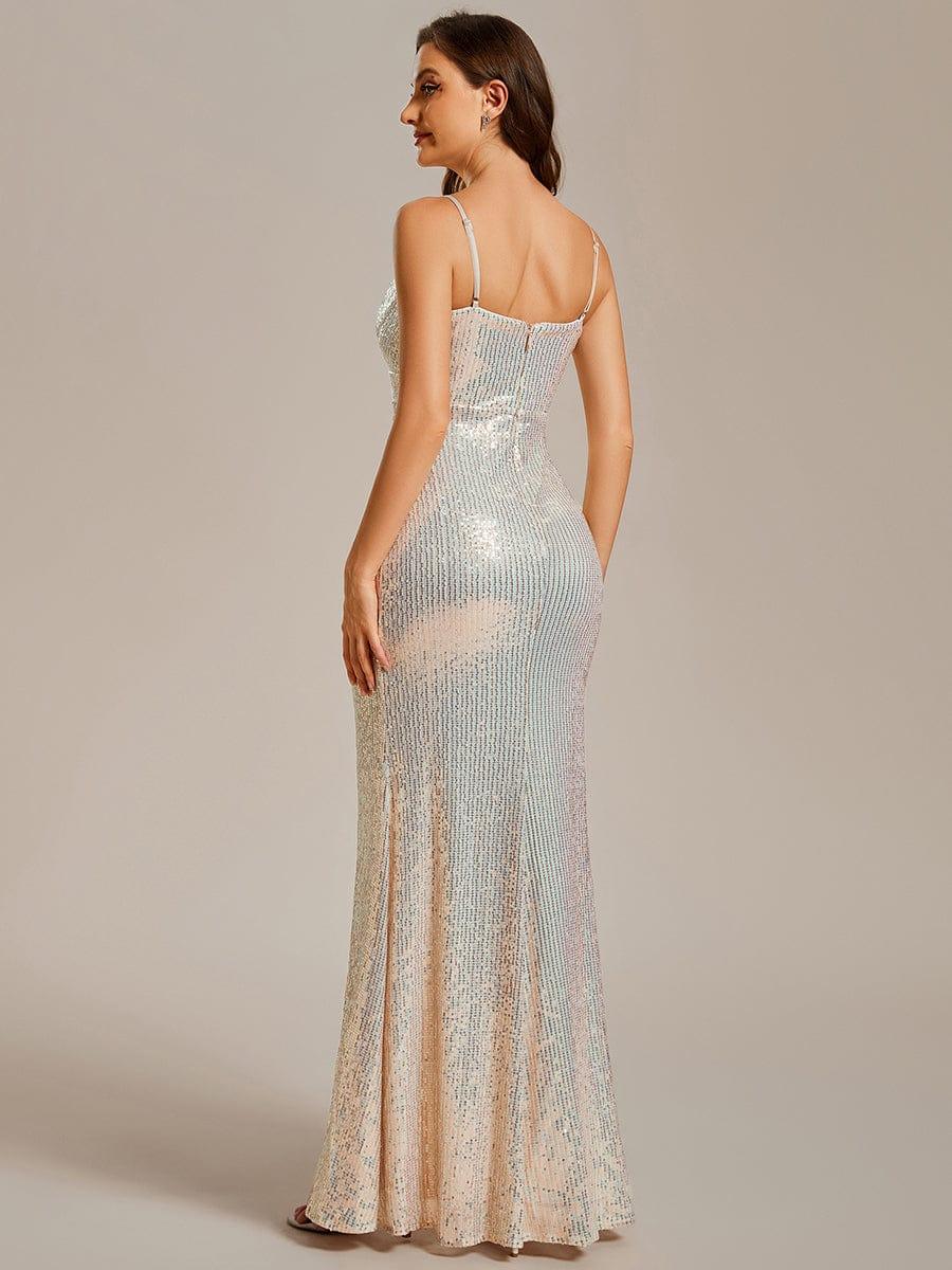 Sparkling V Neck Sequin Evening Dress with Adjustable Spaghetti Straps #color_Champagne Sparkling V Neck Sequin Evening Dress with Adjustable Spaghetti Straps