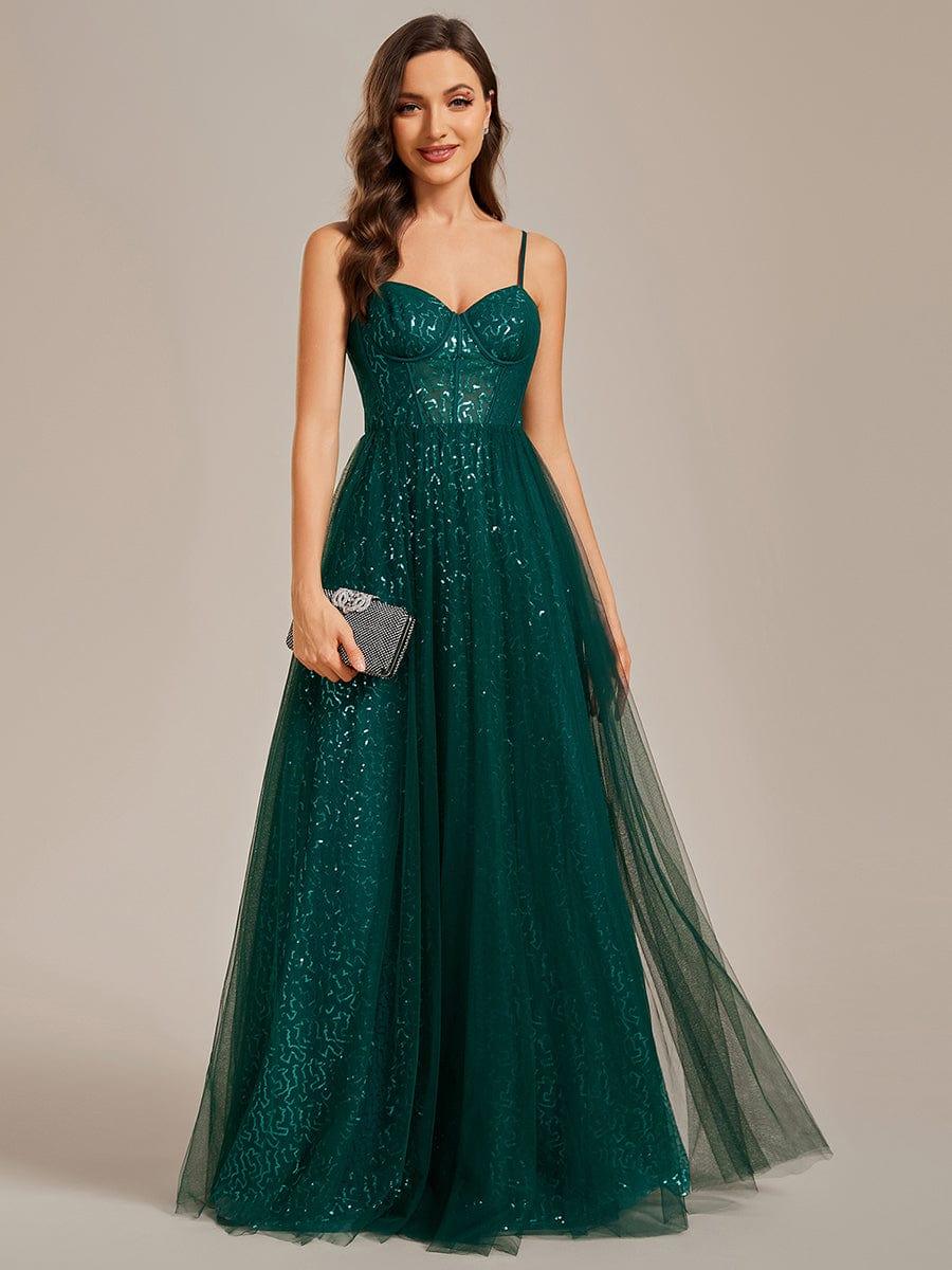 Elegant Sequin Spaghetti Strap A-Line Evening Dress #color_Dark Green Elegant Sequin Spaghetti Strap A-Line Evening Dress