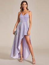 Sparkling V-Neck Spaghetti Straps High-Low Evening Dress #color_Lavender