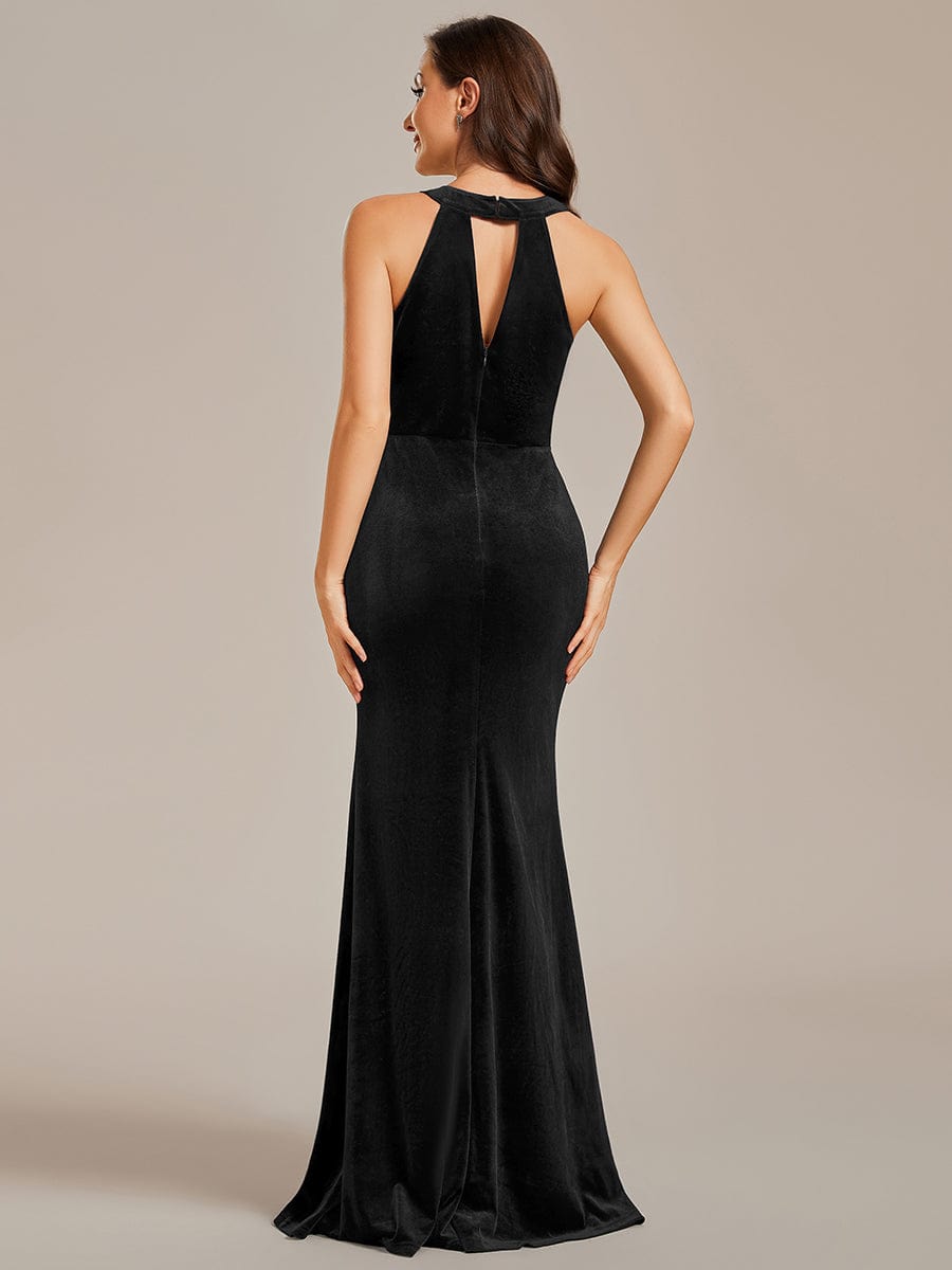 Halter Sleeveless Velvet Evening Dress with Shiny Belt  #color_Black