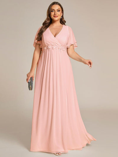 Plus Size Applique Short Sleeve A-Line Chiffon Evening Dress #color_Pink
