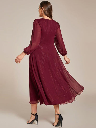 Plus Size Long Sleeve V-Neck Chiffon Twist Knot A-Line Evening Dress #color_Burgundy