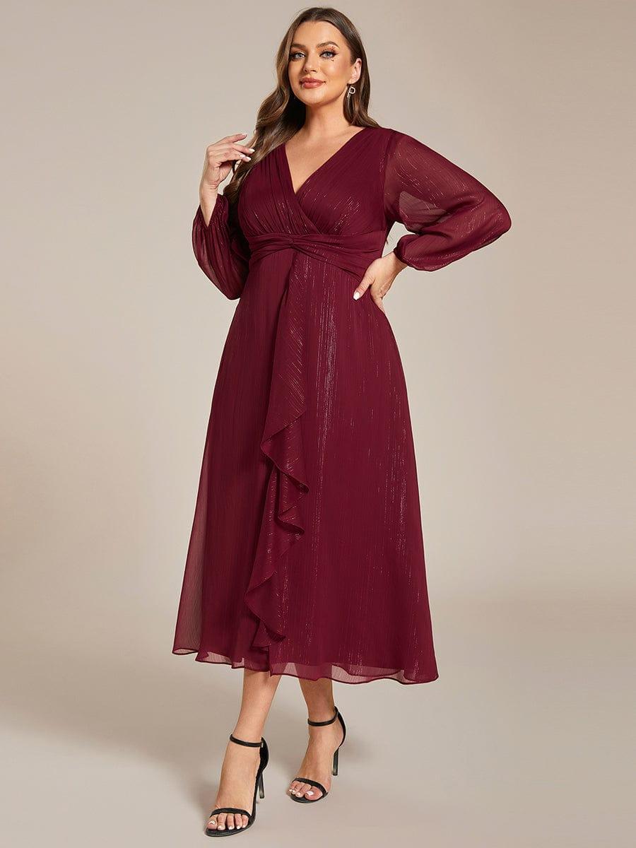 Plus Size Long Sleeve V-Neck Chiffon Twist Knot A-Line Evening Dress #color_Burgundy