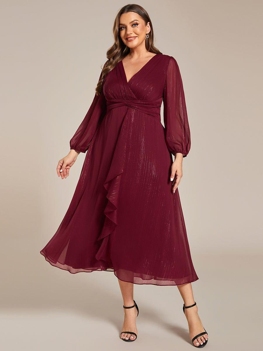 Plus Size Long Sleeve V-Neck Chiffon Twist Knot A-Line Evening Dress #color_Burgundy