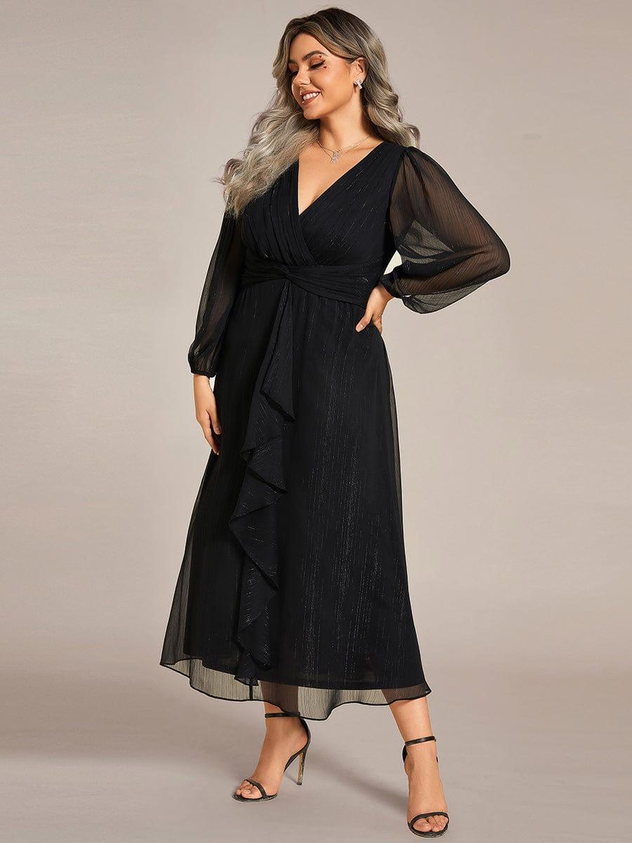 Plus Size Long Sleeve V-Neck Chiffon Twist Knot A-Line Evening Dress #color_Black
