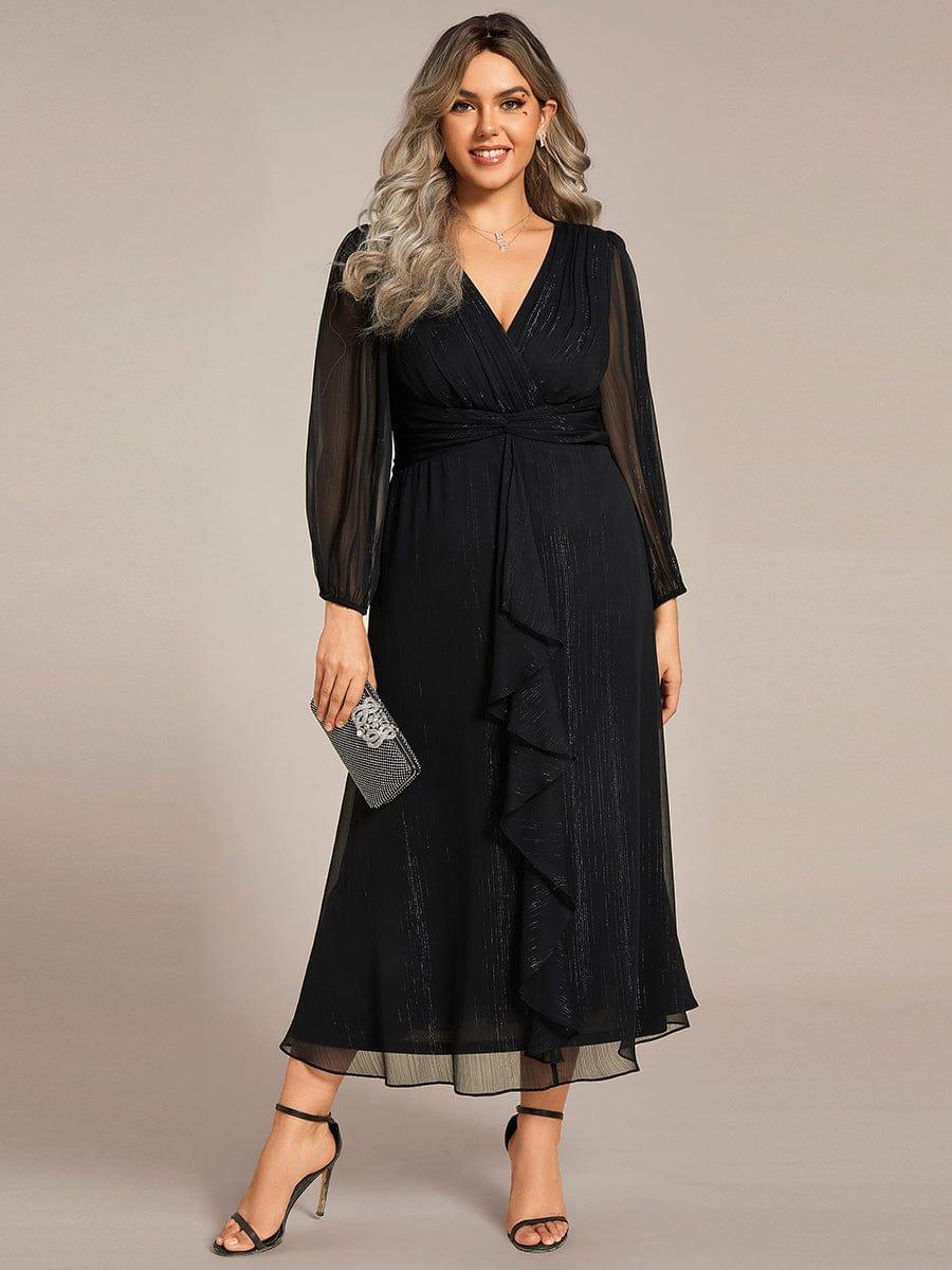 Plus Size Long Sleeve V-Neck Chiffon Twist Knot A-Line Evening Dress #color_Black