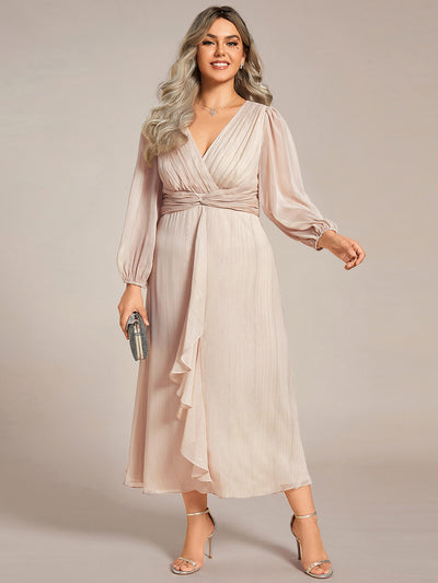 Plus Size Long Sleeve V-Neck Chiffon Twist Knot A-Line Evening Dress #color_Champagne