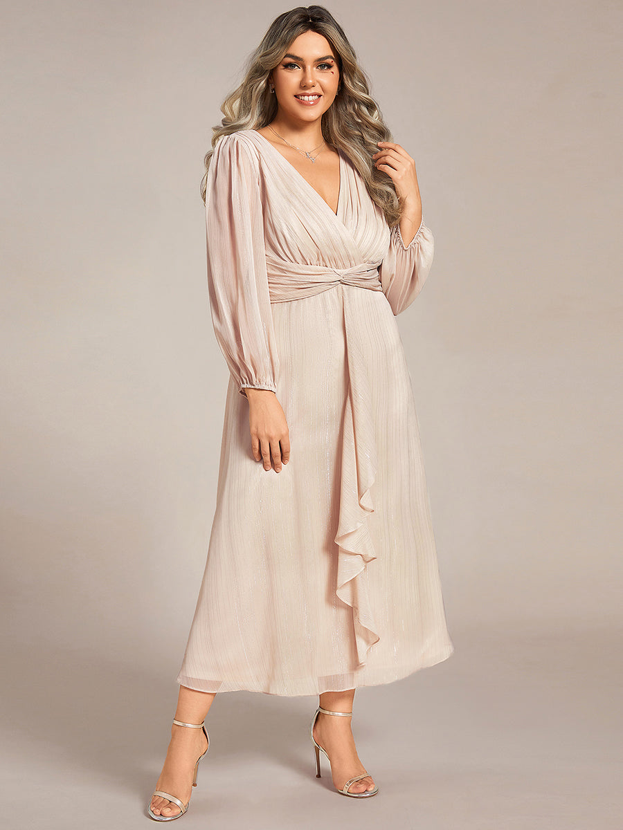 Plus Size Long Sleeve V-Neck Chiffon Twist Knot A-Line Evening Dress #color_Champagne