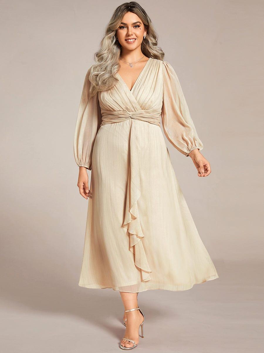 Plus Size Long Sleeve V-Neck Chiffon Twist Knot A-Line Evening Dress #color_Champagne