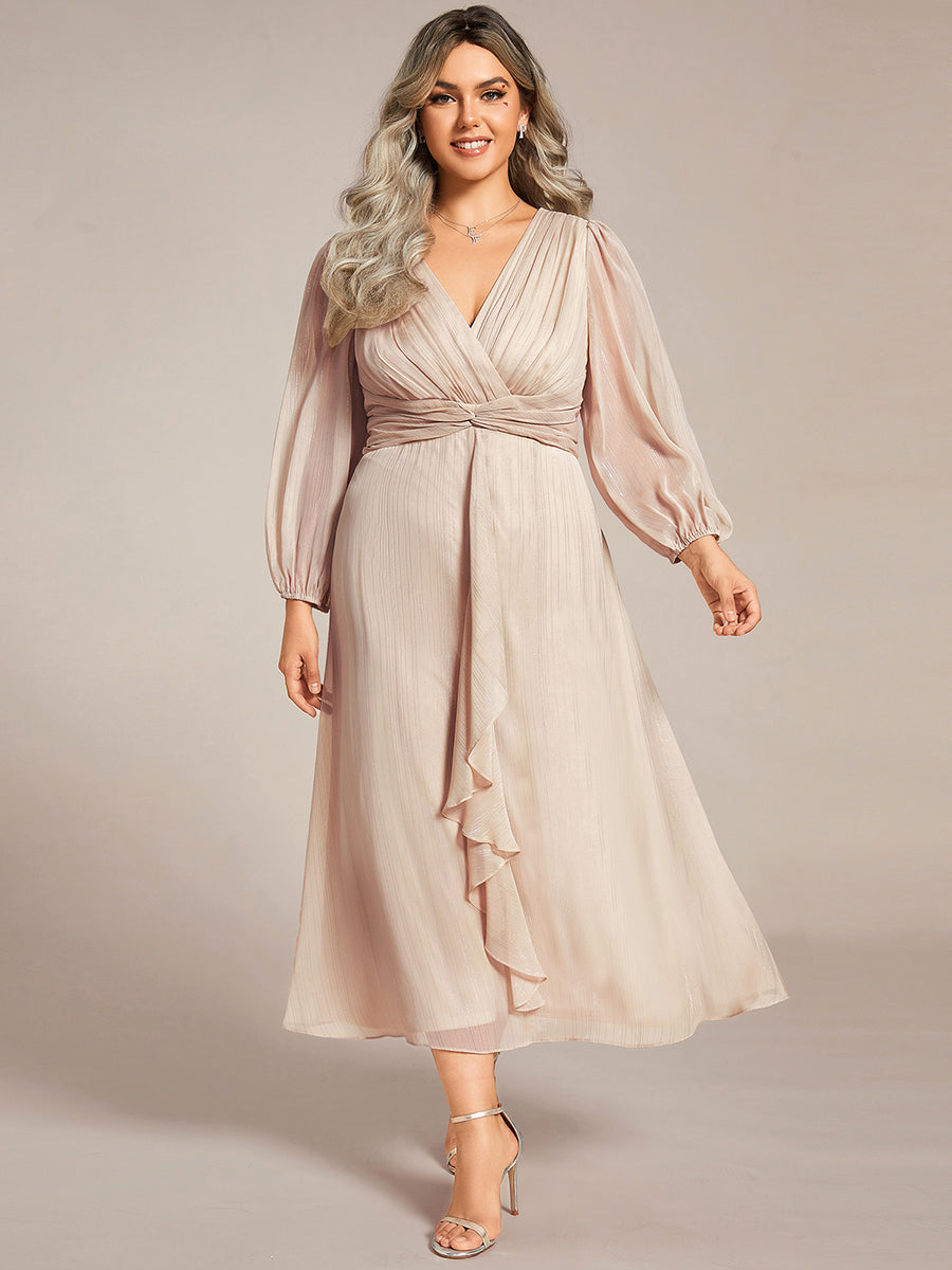 Plus Size Long Sleeve V-Neck Chiffon Twist Knot A-Line Evening Dress #color_Champagne