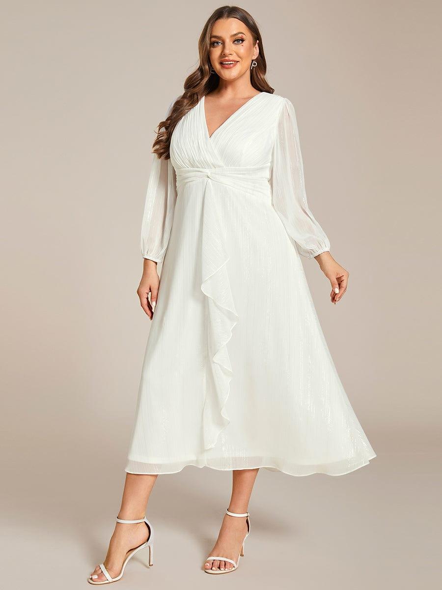Plus Size Long Sleeve V-Neck Chiffon Twist Knot A-Line Evening Dress #color_Cream