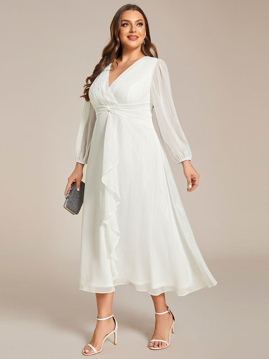 Plus Size Long Sleeve V-Neck Chiffon Twist Knot A-Line Evening Dress #color_Cream