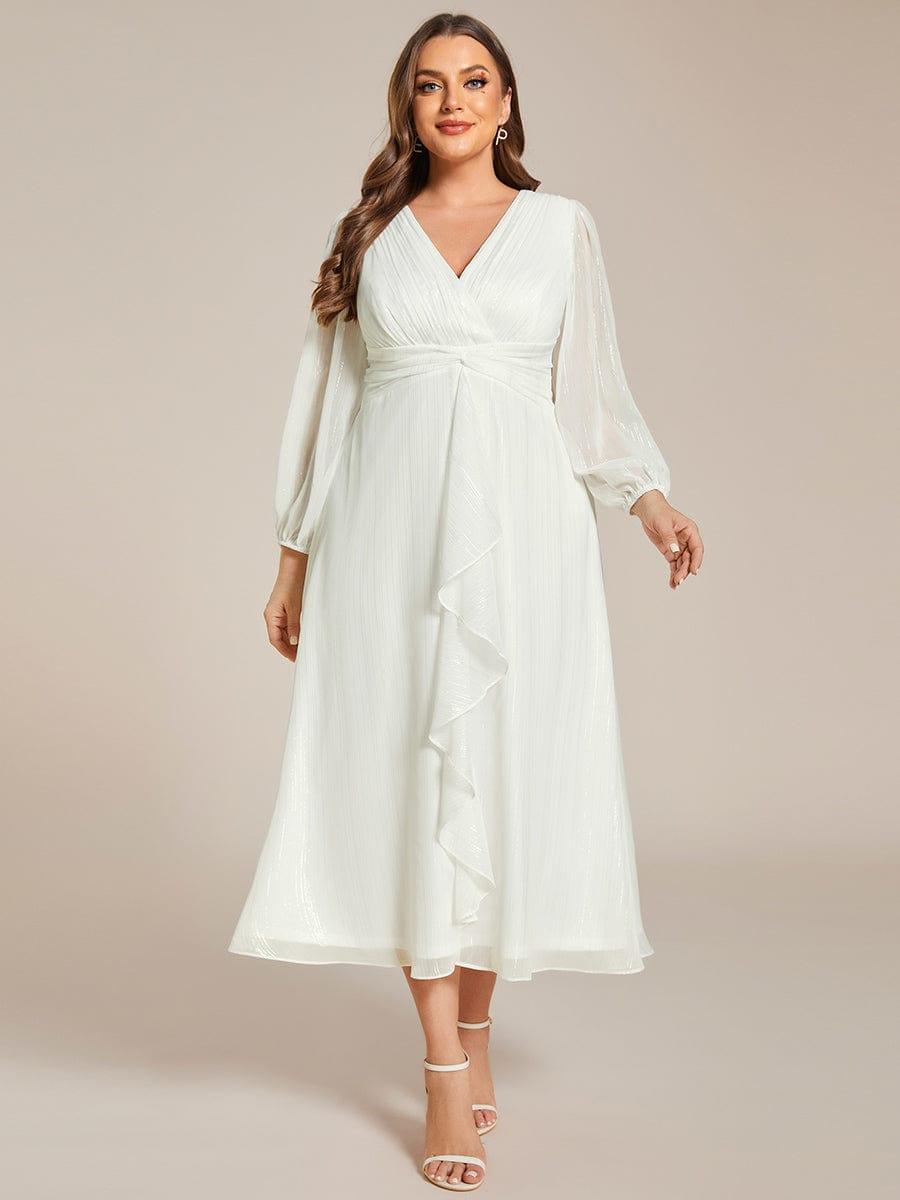Plus Size Long Sleeve V-Neck Chiffon Twist Knot A-Line Evening Dress #color_Cream