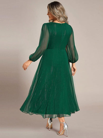 Plus Size Long Sleeve V-Neck Chiffon Twist Knot A-Line Evening Dress #color_Dark Green