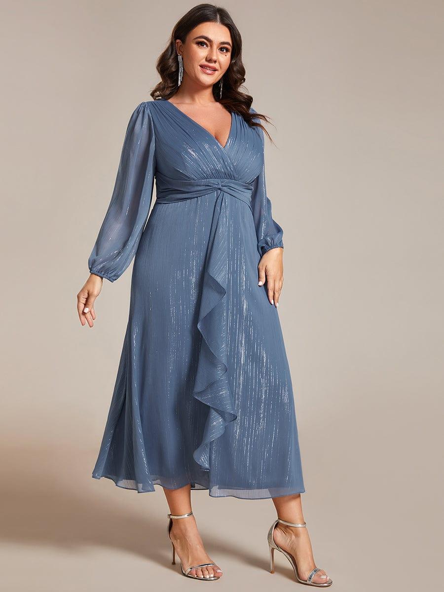 Plus Size Long Sleeve V-Neck Chiffon Twist Knot A-Line Evening Dress #color_Dusty Blue