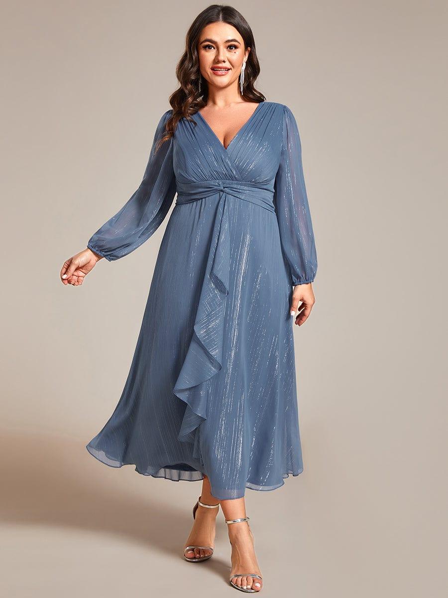 Plus Size Long Sleeve V-Neck Chiffon Twist Knot A-Line Evening Dress #color_Dusty Blue