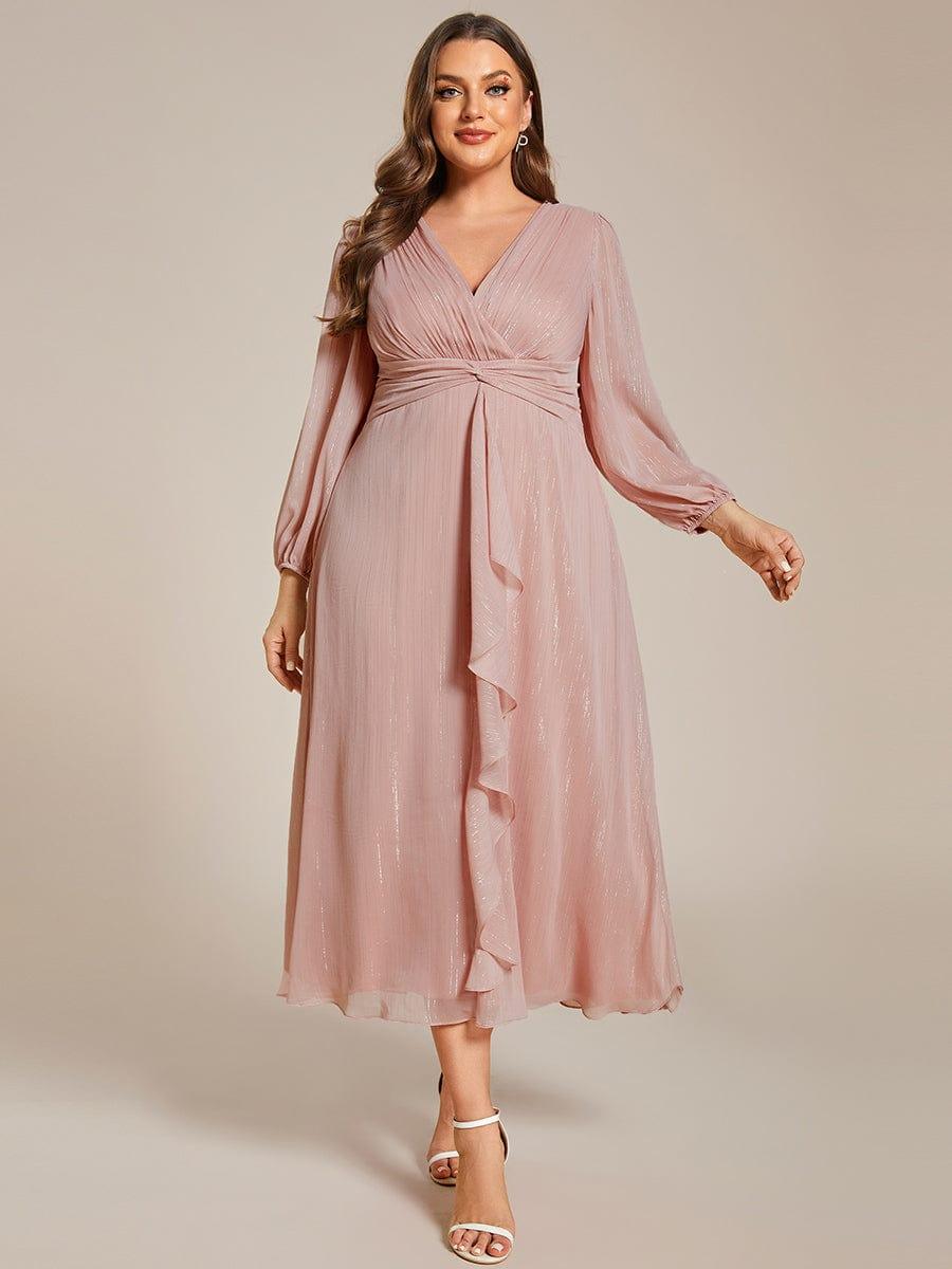 Plus Size Long Sleeve V-Neck Chiffon Twist Knot A-Line Evening Dress #color_Dusty Rose