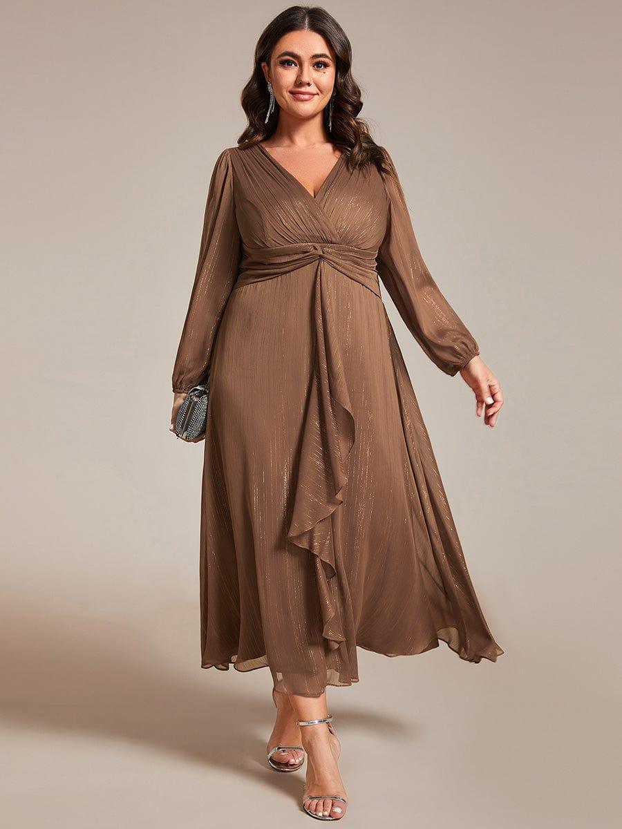Plus Size Long Sleeve V-Neck Chiffon Twist Knot A-Line Evening Dress #color_Emperador