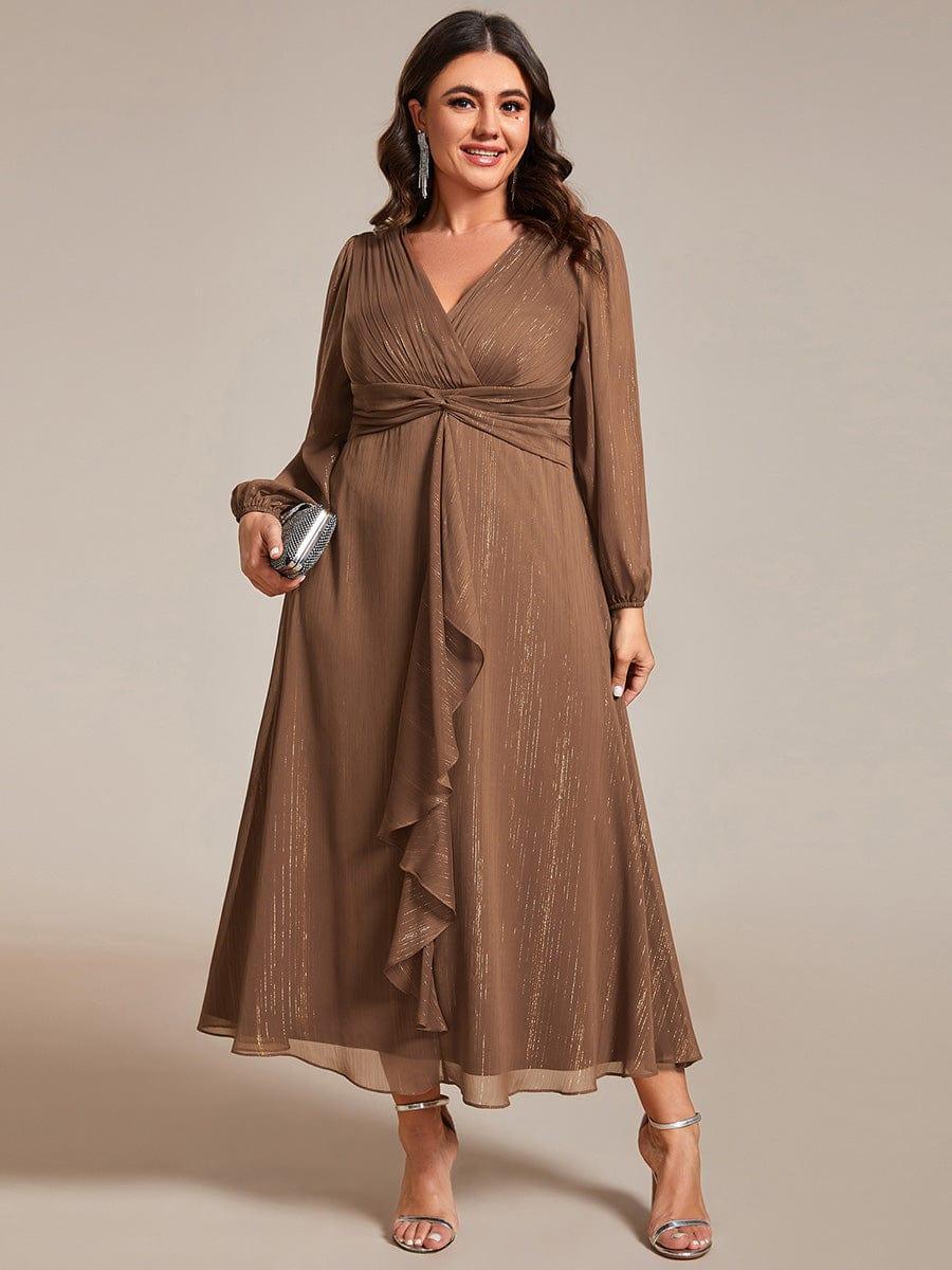 Plus Size Long Sleeve V-Neck Chiffon Twist Knot A-Line Evening Dress #color_Emperador