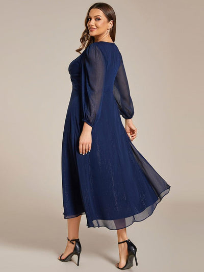 Plus Size Long Sleeve V-Neck Chiffon Twist Knot A-Line Evening Dress #color_Navy Blue