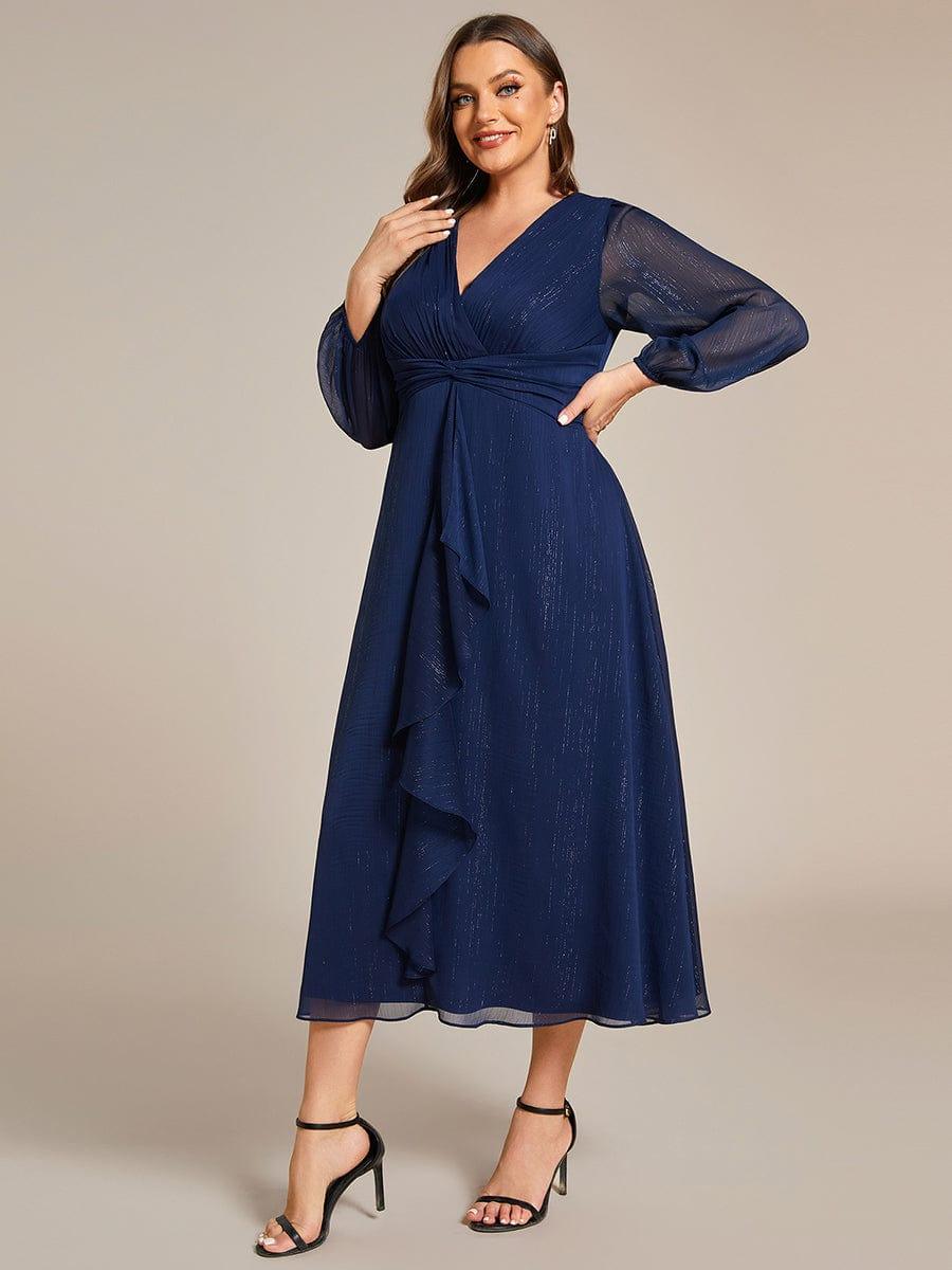 Plus Size Long Sleeve V-Neck Chiffon Twist Knot A-Line Evening Dress #color_Navy Blue