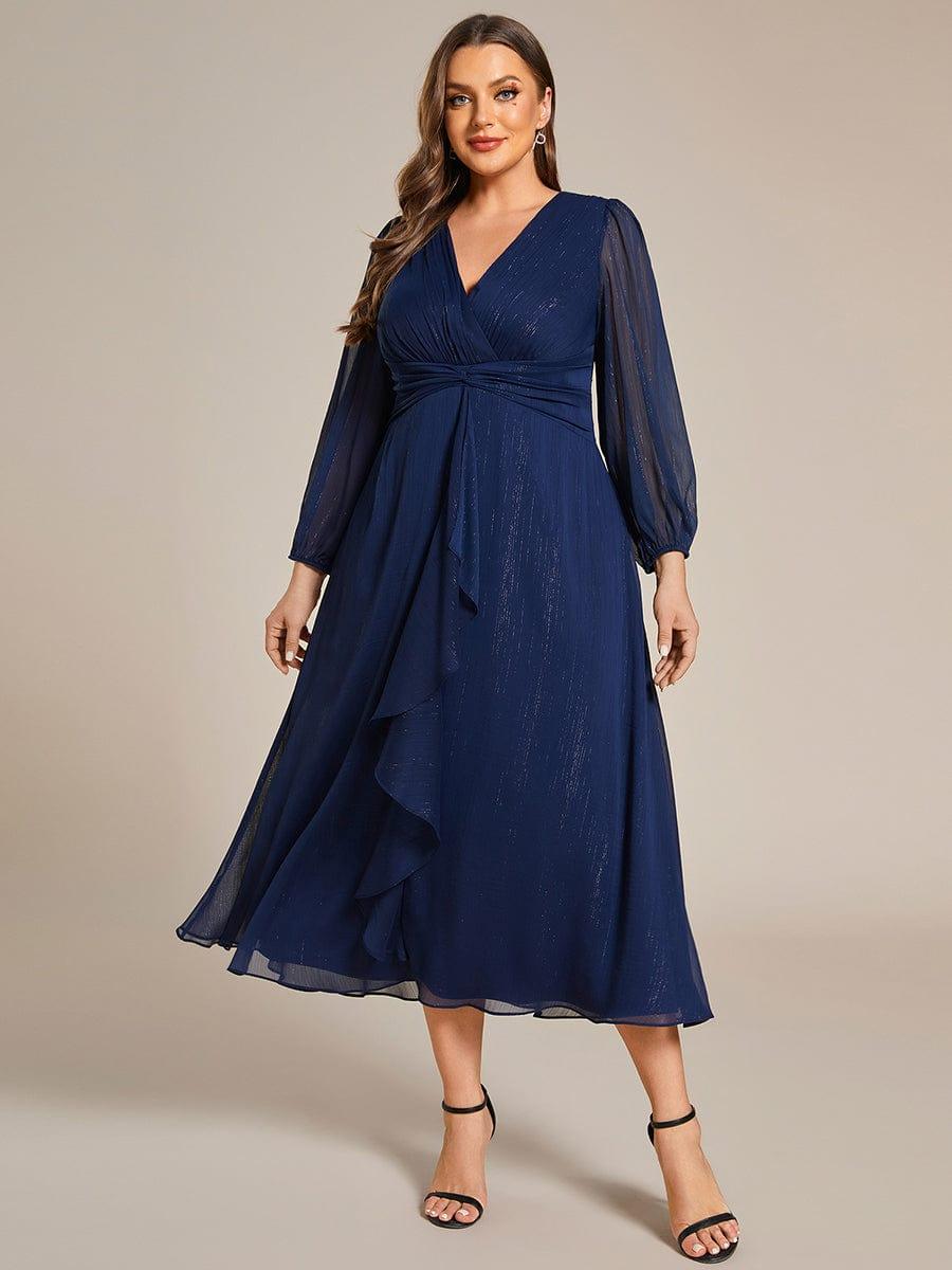 Plus Size Long Sleeve V-Neck Chiffon Twist Knot A-Line Evening Dress #color_Navy Blue
