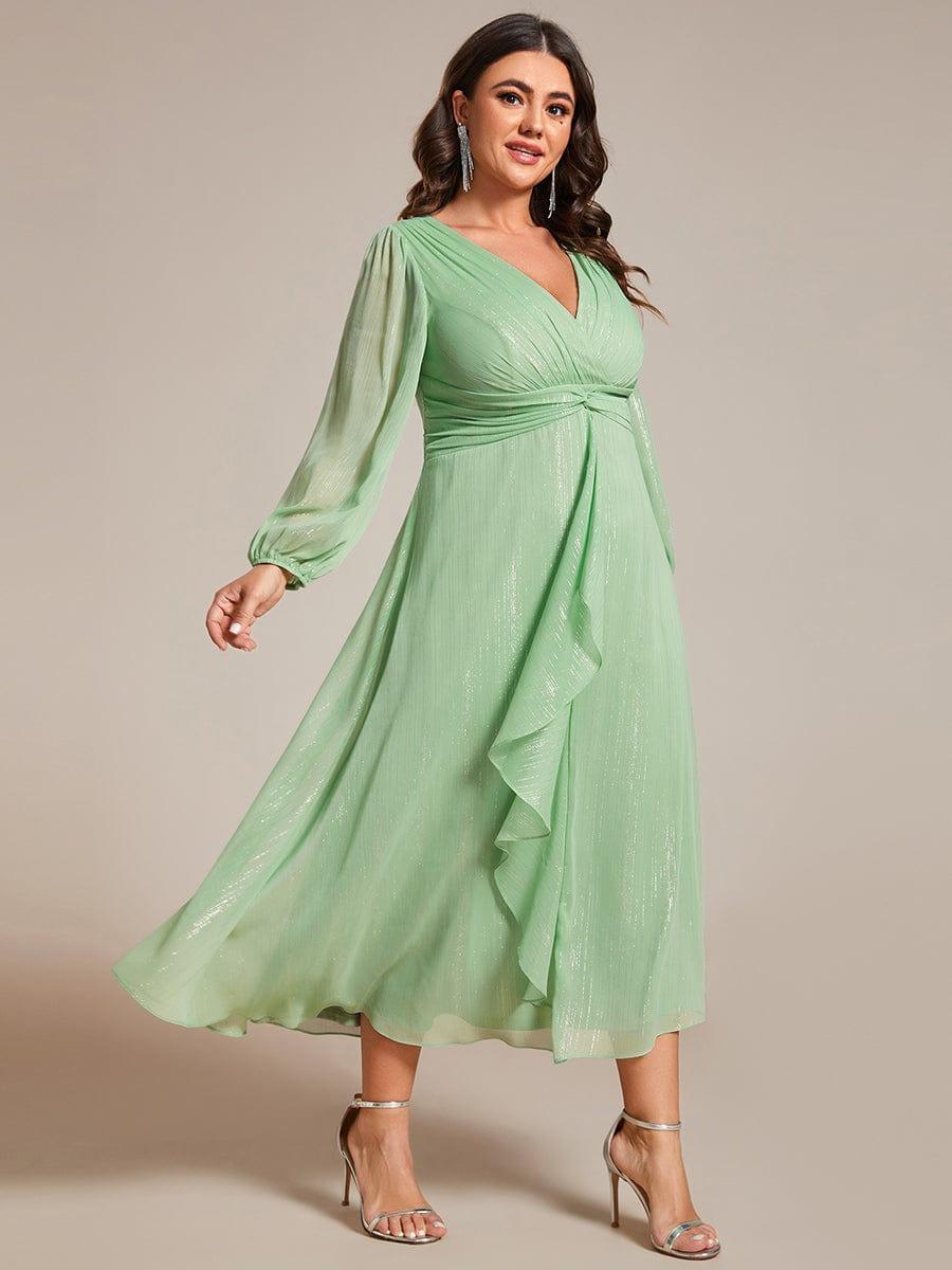 Plus Size Long Sleeve V-Neck Chiffon Twist Knot A-Line Evening Dress #color_Summer Green