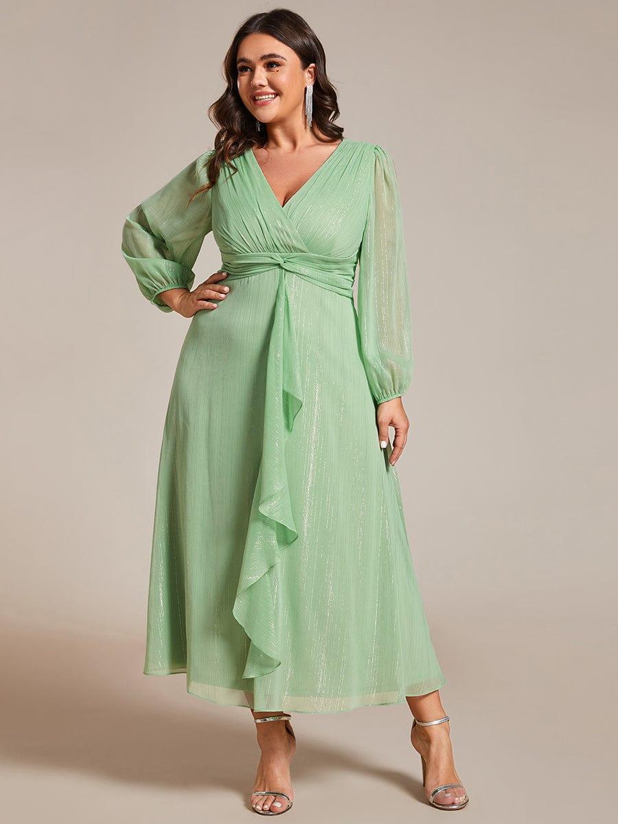 Plus Size Long Sleeve V-Neck Chiffon Twist Knot A-Line Evening Dress #color_Summer Green