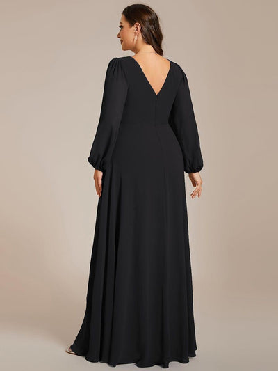 Plus Size Pleated Double V-Neck Long Sleeves Shiny Belt Chiffon Evening Dress #color_Black
