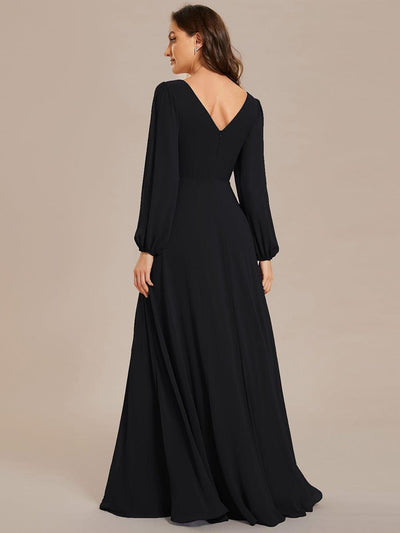 Pleated Double V-Neck Long Sleeves Shiny Belt Chiffon Evening Dress #color_Black