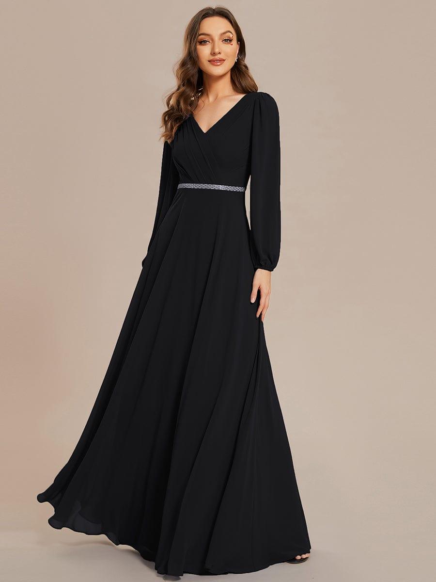 Pleated Double V-Neck Long Sleeves Shiny Belt Chiffon Evening Dress #color_Black
