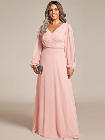 Plus Size Pleated Double V-Neck Long Sleeves Shiny Belt Chiffon Evening Dress #color_Pink
